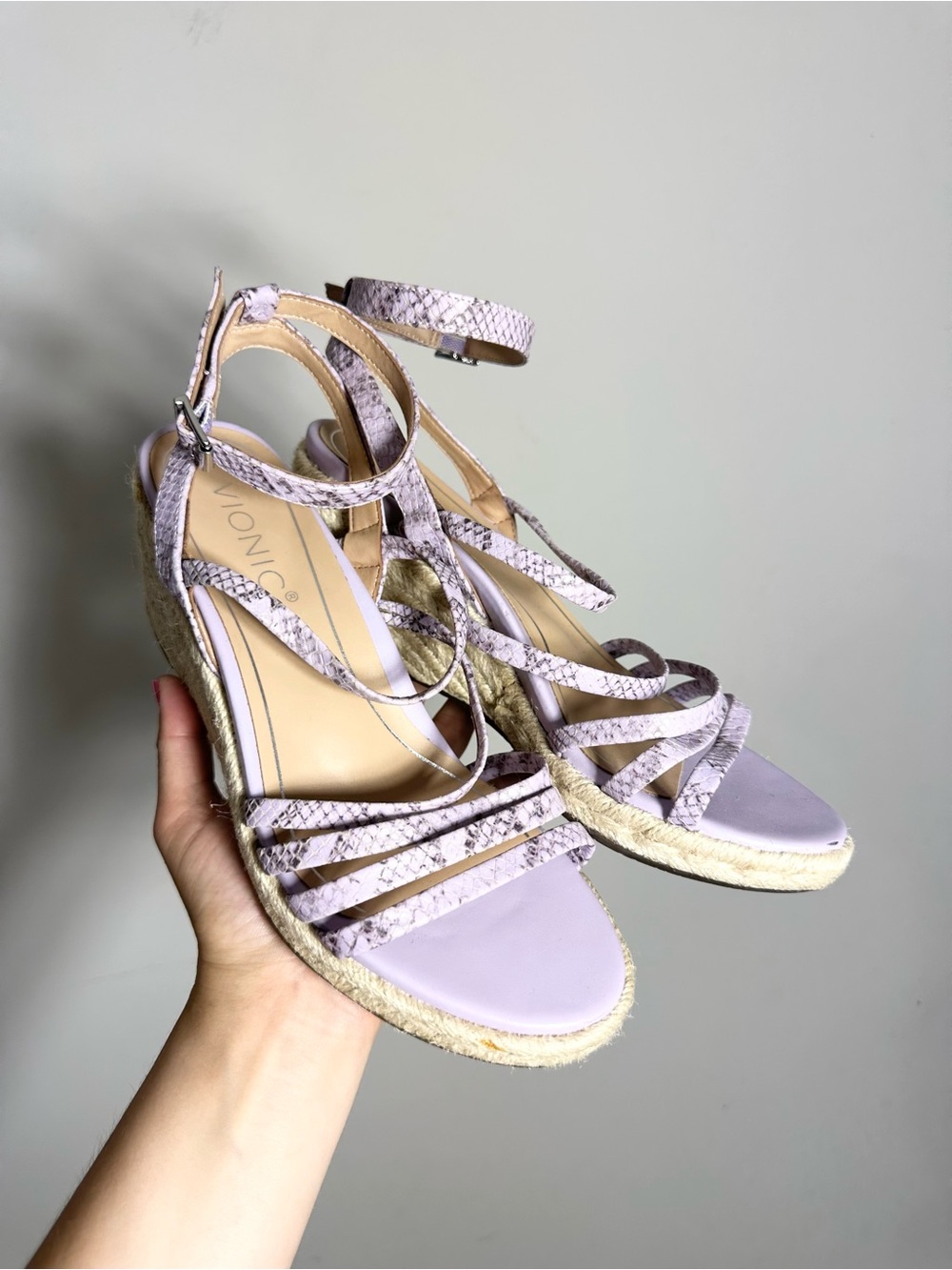 Vionic Ayda Purple Snakeprint Embossed Leather Espadrille Wedge Sandals